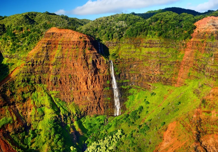 Aerial view of a vibrant green canyon in Kauai featuring a cascading waterfall, showcasing the island's natural beauty and lush landscapes.