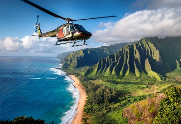 Helicopter flying over lush green mountains and coastline in Kauai, showcasing scenic ocean views and tropical landscape.